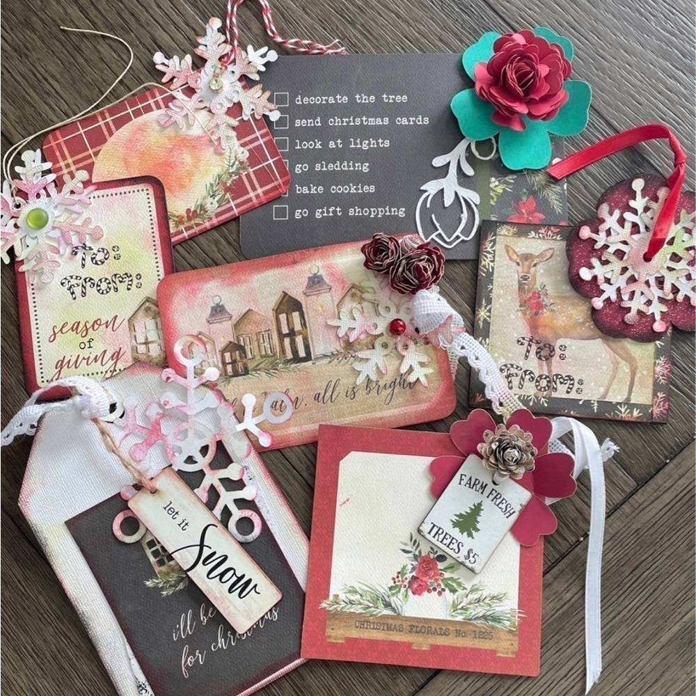 Set of 12 Christmas Tags Distressed Notecards Decorated Handmade Rolled Flowers